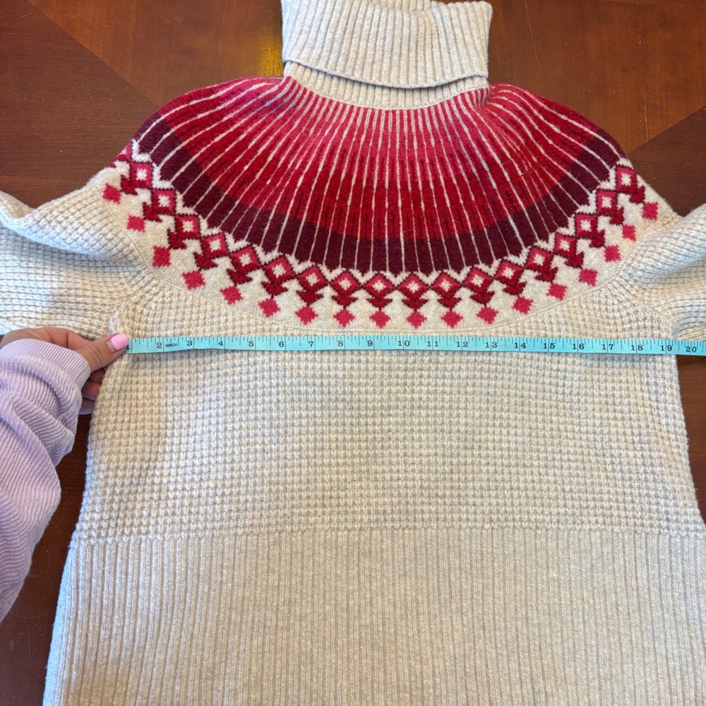 LL‎ Bean Womens Large Petite Fair Isle Turtleneck Sweater Waffle Knit Red Cream - Picture 7 of 13